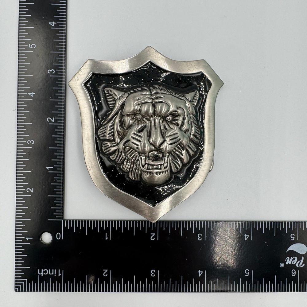 Tiger‎ Head Shield Belt Buckle Silver Tone Black Enamel 3D Relief Mens